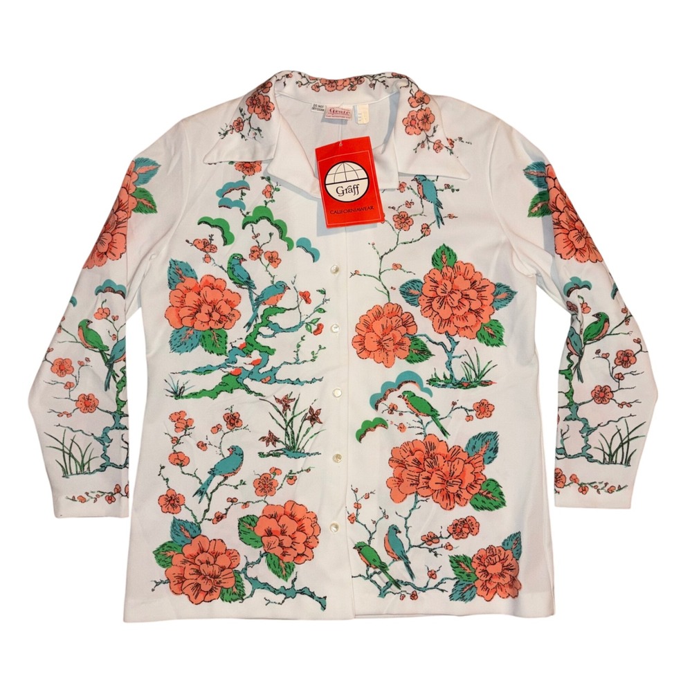 NWT Vintage Graff Californiawear Floral Bird Chinoiserie‎ Button Up Top Large